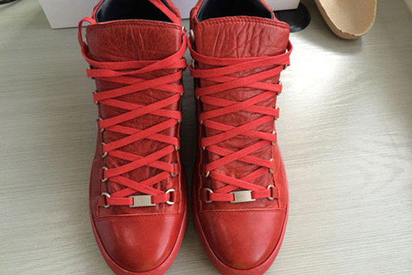 Balenciaga Arena High Top Creased Leather Sneakers Red