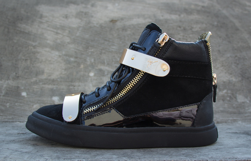 Giuseppe Zanotti Black Velvet Leather High-top Double Gold-Bracelet Zip Sneakers For Men On Sale(wit