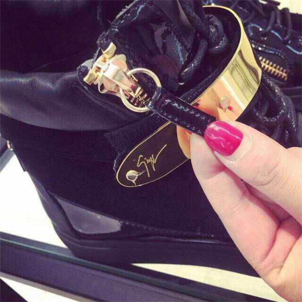 High End Giuseppe Zanotti Black Patent Leather Velvet High Top Sneaker With Two Gold Straps(with rec