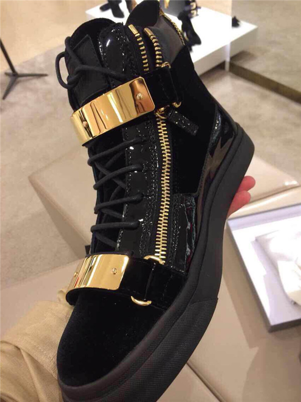 High End Giuseppe Zanotti Black Patent Leather Velvet High Top Sneaker With Two Gold Straps(with rec