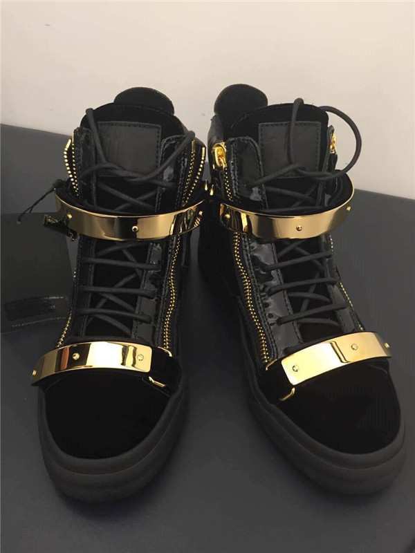 High End Giuseppe Zanotti Black Patent Leather Velvet High Top Sneaker With Two Gold Straps(with rec