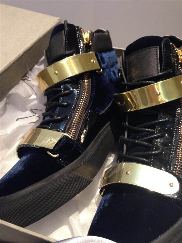 High End Giuseppe Zanotti Black Patent Leather Velvet High Top Sneaker With Two Gold Straps(with rec