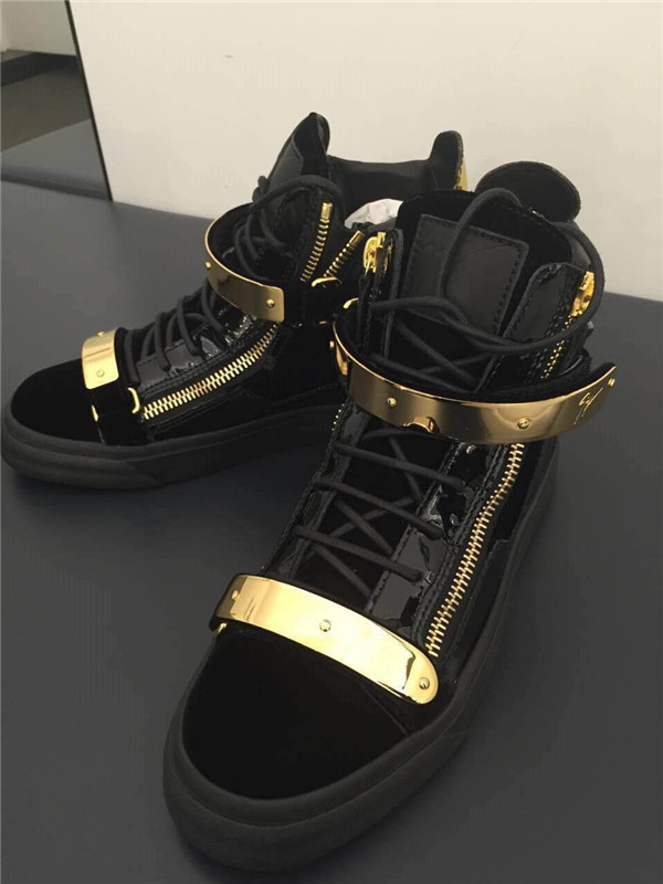 High End Giuseppe Zanotti Black Patent Leather Velvet High Top Sneaker With Two Gold Straps(with rec