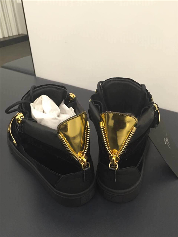 High End Giuseppe Zanotti Black Patent Leather Velvet High Top Sneaker With Two Gold Straps(with rec