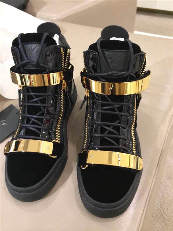 High End Giuseppe Zanotti Black Patent Leather Velvet High Top Sneaker With Two Gold Straps(with rec