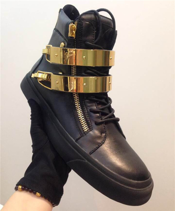 High End Giuseppe Zanotti Double-Bar Latch Clasp Leather High-Top Sneakers(with receipt)