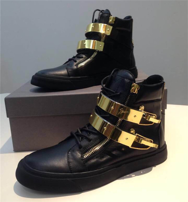 High End Giuseppe Zanotti Double-Bar Latch Clasp Leather High-Top Sneakers(with receipt)