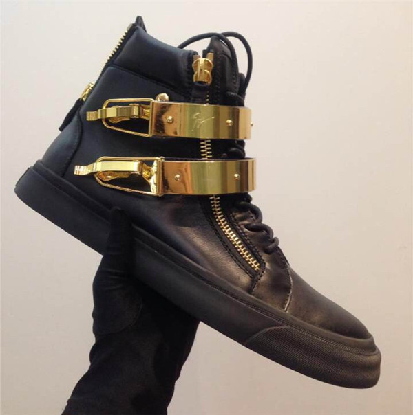 High End Giuseppe Zanotti Double-Bar Latch Clasp Leather High-Top Sneakers(with receipt)