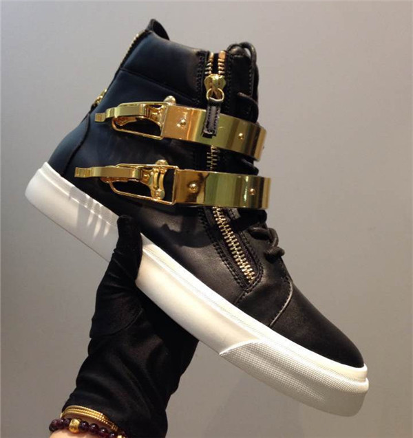 High End Giuseppe Zanotti Men′s Double Golden Ski-Buckle High-Top Sneaker Black(with receipt)