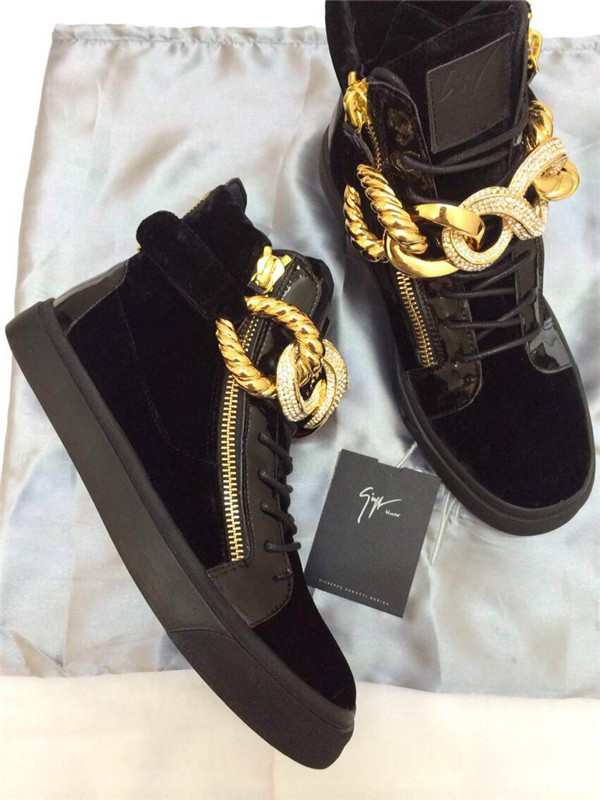 High End Giuseppe Zanotti Patent and Black Velvet Bling Chain High-Top Sneakers(with receipt)