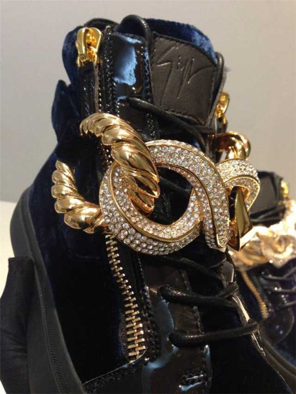 High End Giuseppe Zanotti Patent and Velvet Bling Chain High-Top Sneakers Blue(with receipt)