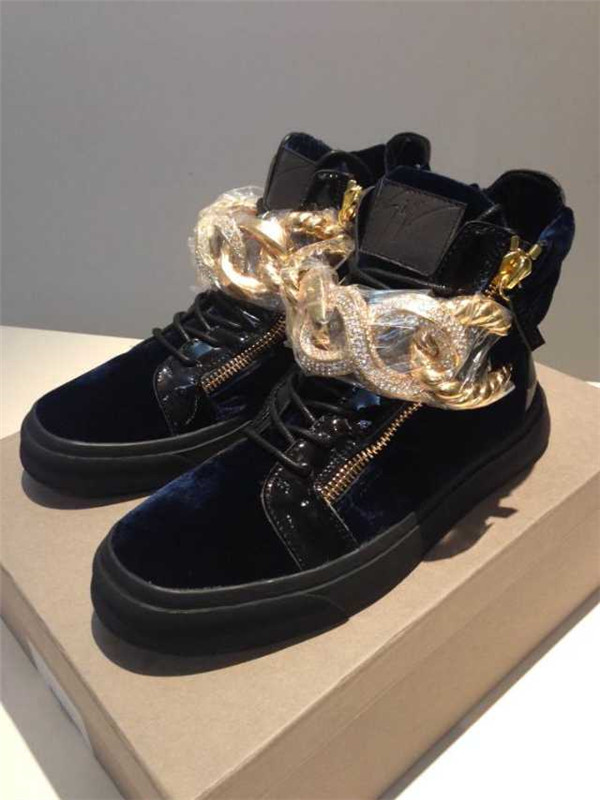 High End Giuseppe Zanotti Patent and Velvet Bling Chain High-Top Sneakers Blue(with receipt)