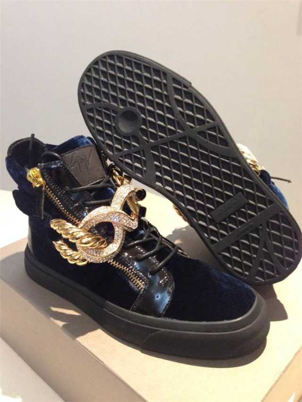 High End Giuseppe Zanotti Patent and Velvet Bling Chain High-Top Sneakers Blue(with receipt)