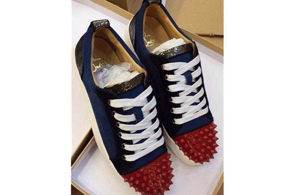 Super Max Perfect Christian Louboutin Louis Junior Spikes Men′s Flat Blue(with receipt)