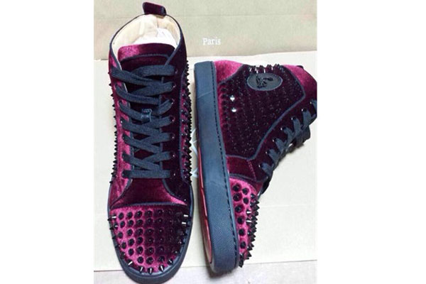 Super Max Perfect Christian Louboutin Louis Spikes Men Flat Burgundy Nubuck(with receipt)