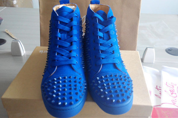 Super Max Perfect Christian Louboutin Louis spike men′s flat suede blue(with receipt)