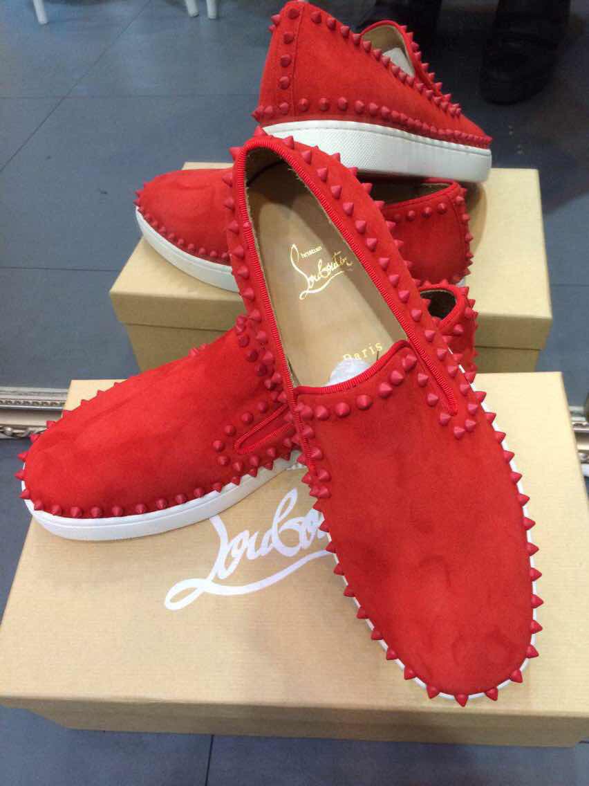 Super Max Perfect Christian Louboutin Pik Boat Red Spikes Suede Flat Sneakers(with receipt)