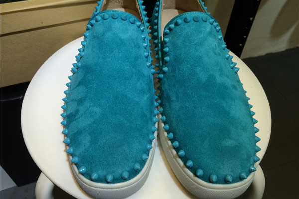 Super Max Perfect Christian Louboutin Pik Boat Spikes Suede Mens Flat Sneakers Sky Blue(with receipt