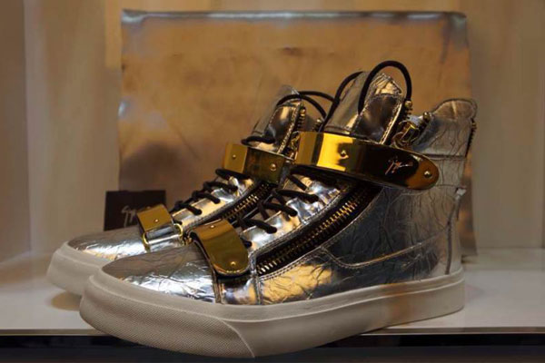 Super Perfect Giuseppe Zanotti Gold Zips Chain High Top Silver Men′s Sneaker (with receipt)