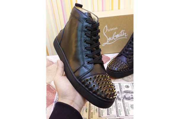 Super perfect Christian Louboutin High Top Gold Spike Black leather Sneaker(with receipt)