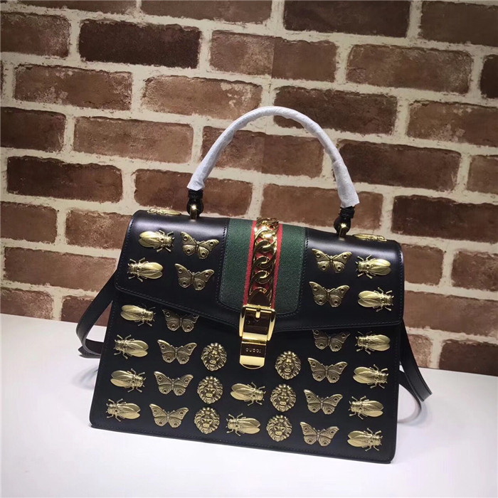 G Black Leather Insect Handbag