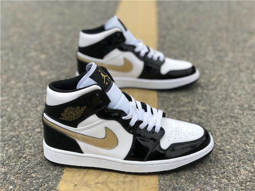 Authentic Air Jordan 1 Mid Patent Black White Gold