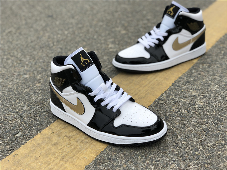 Authentic Air Jordan 1 Mid Patent Black White Gold