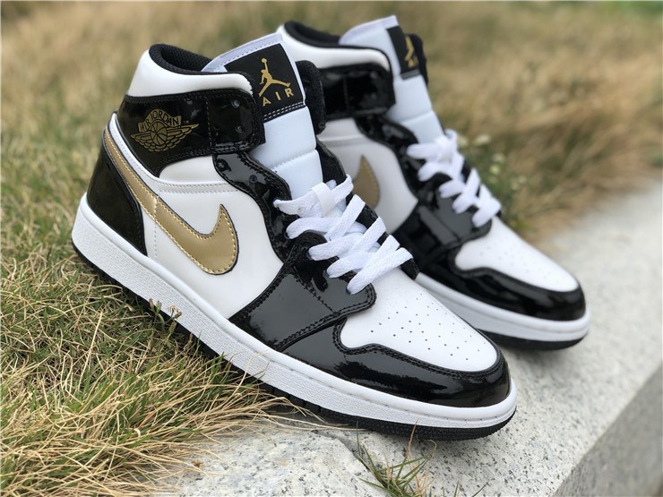 Authentic Air Jordan 1 Mid Patent Black White Gold