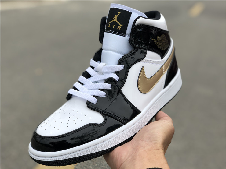 Authentic Air Jordan 1 Mid Patent Black White Gold